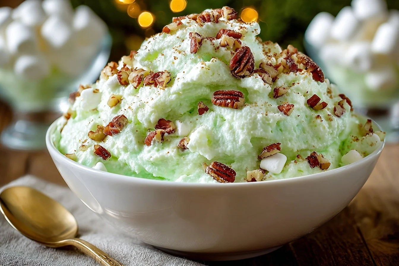 Delicious Watergate Salad served in a bowl with nuts and cherries