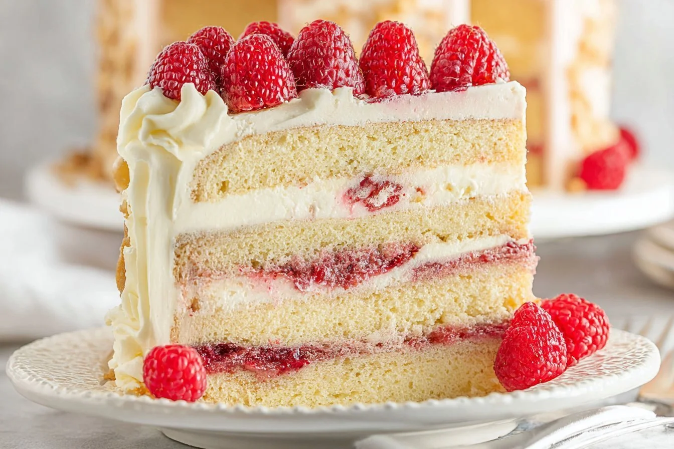 Delicious white chocolate cake topped with fresh raspberries