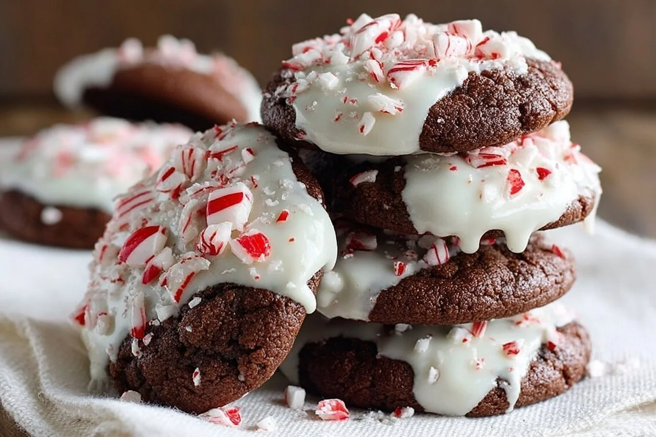 White chocolate peppermint dipped chocolate cookies on a festive plate