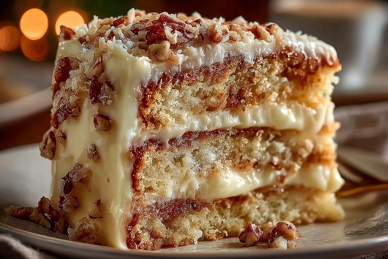 Sliced White German Chocolate Cake showcasing rich white chocolate frosting and coconut topping.