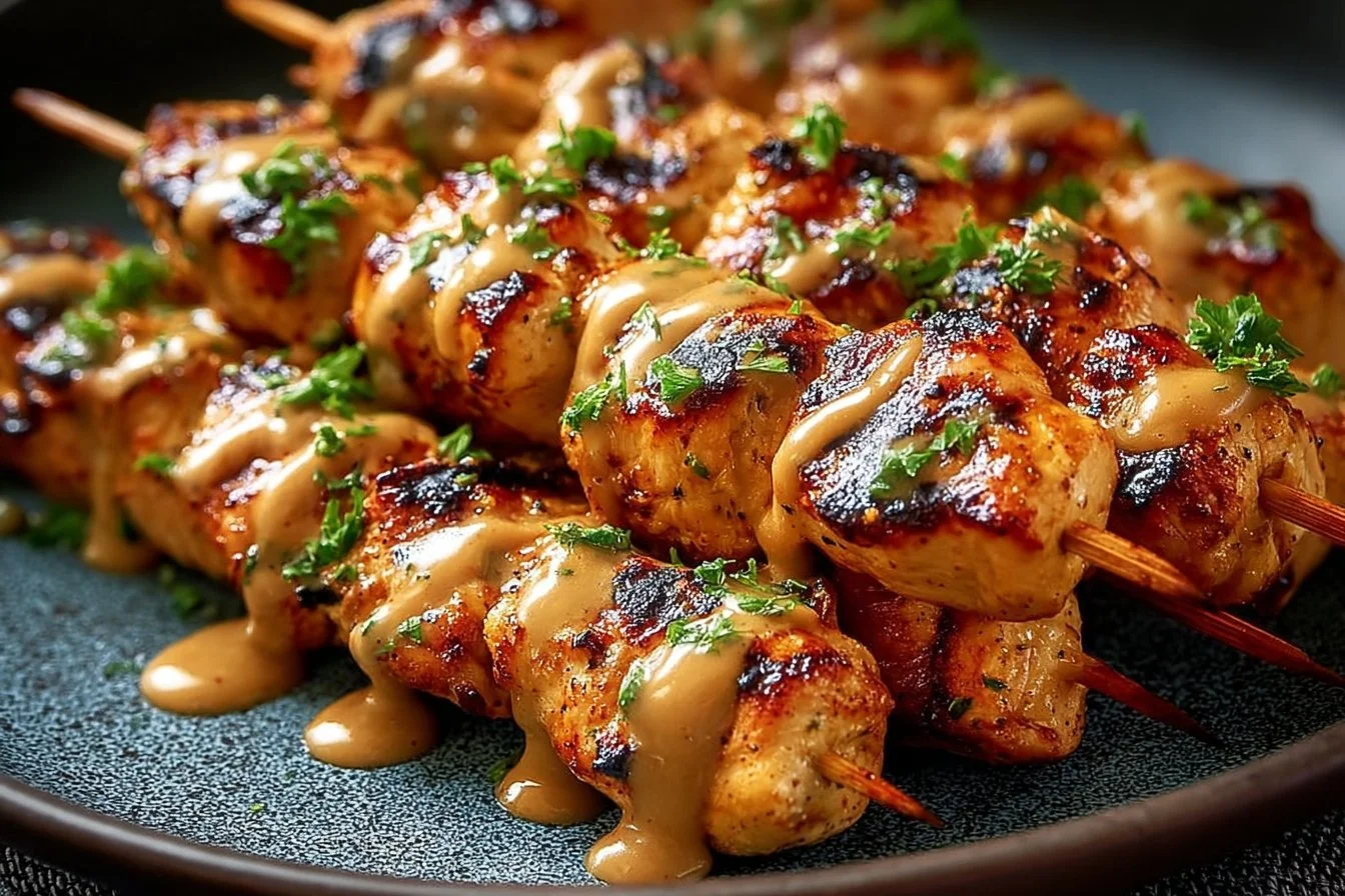 Delicious Bang Bang Chicken Skewers served with a spicy dipping sauce