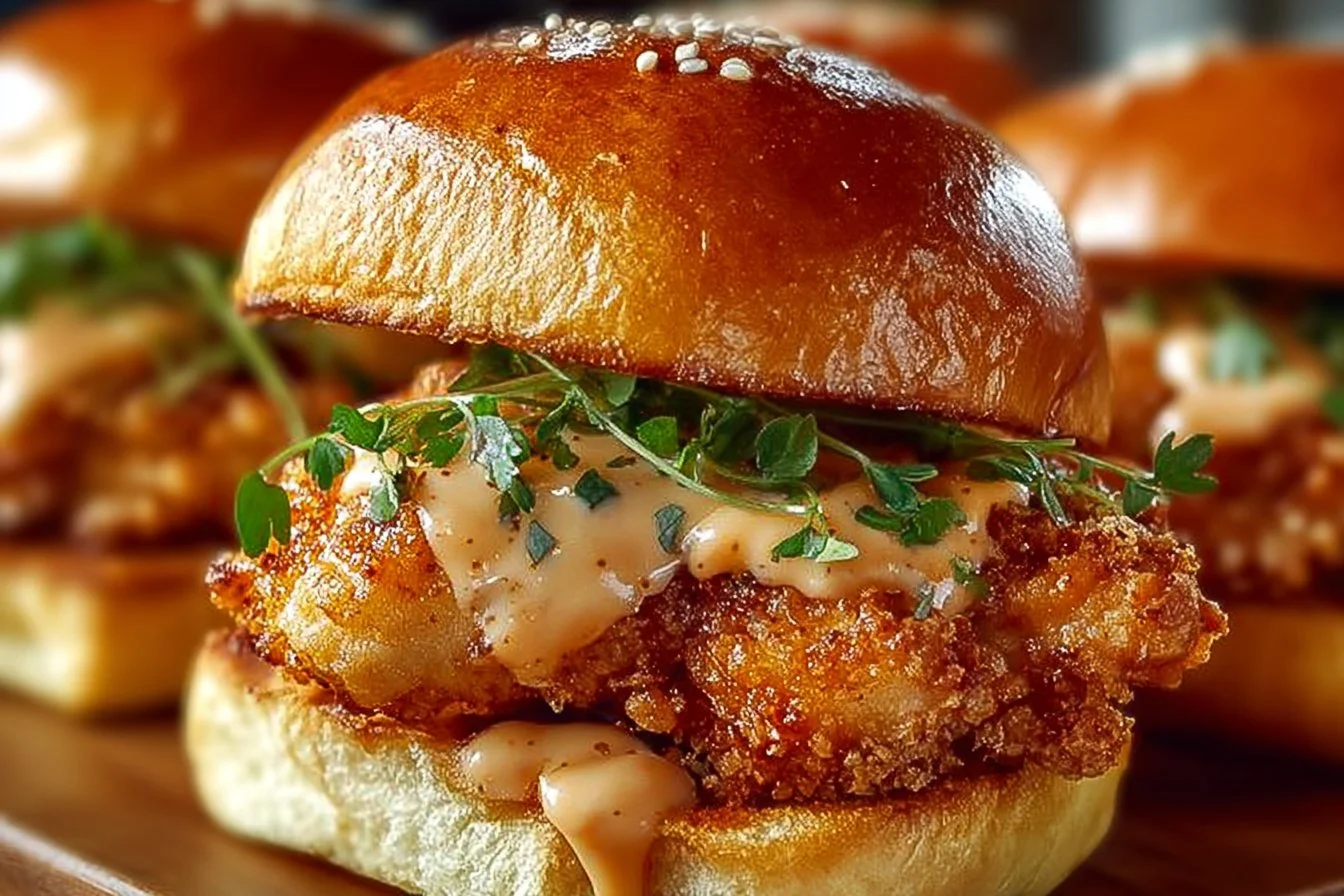 Bang Bang Chicken Sliders served with spicy sauce and garnished with fresh herbs
