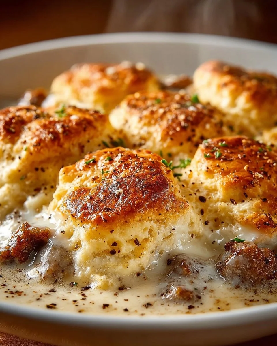 Biscuit and Gravy Casserole served in a dish with a spoon