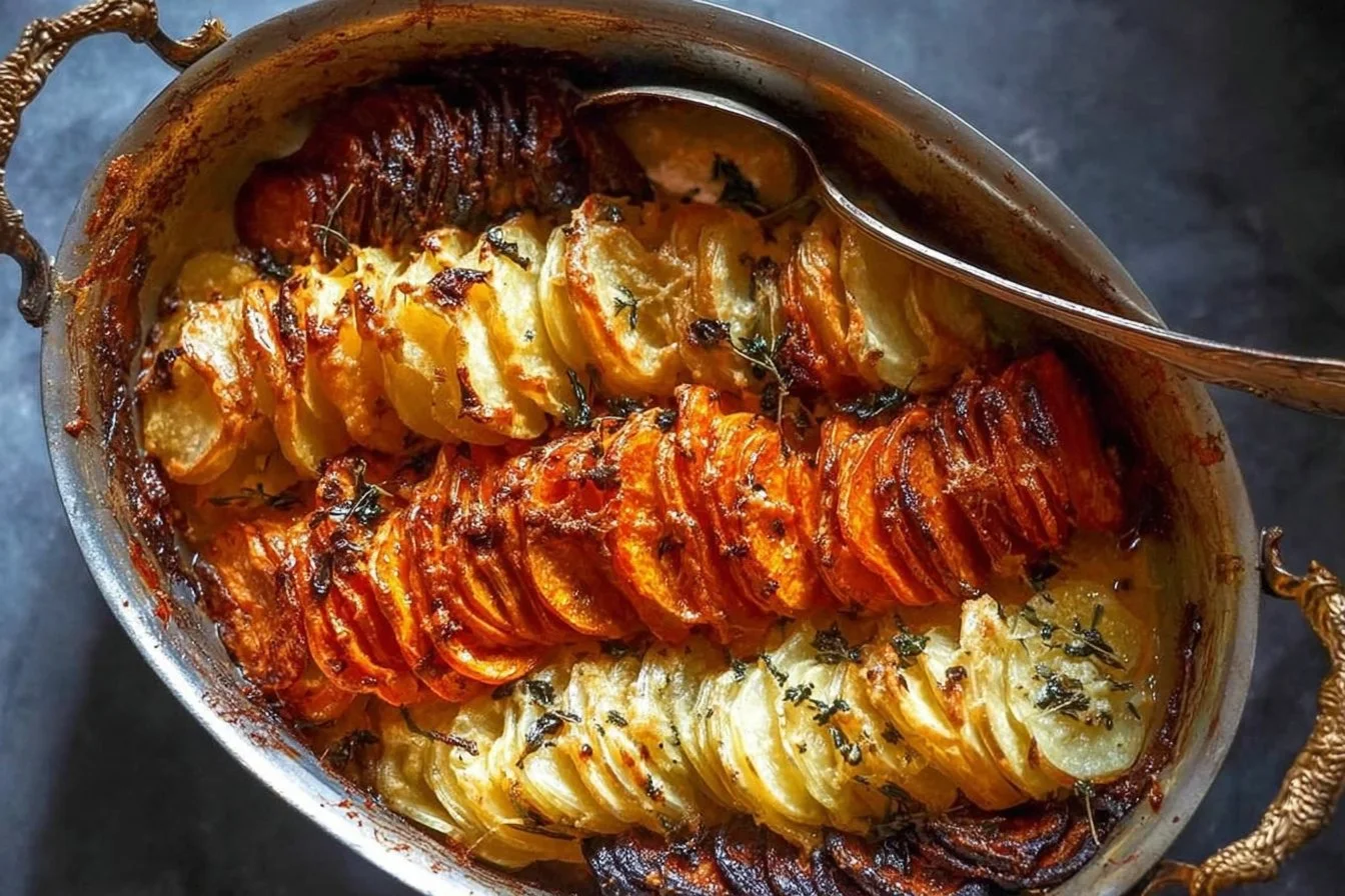 Cheesy root vegetable gratin topped with melted cheese and herbs