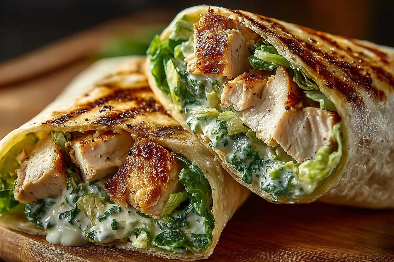 Chicken Caesar Salad Wrap with romaine lettuce and grilled chicken in a tortilla