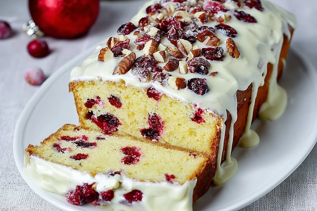 A slice of Christmas Cranberry Pound Cake topped with fresh cranberries and icing.