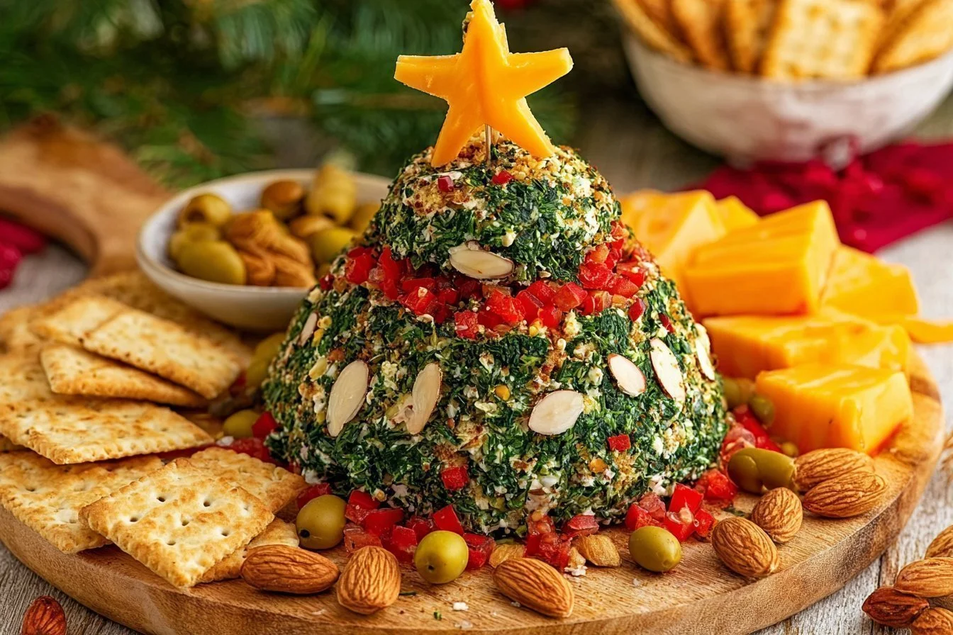 Festive Christmas Tree Cheeseball served with crackers and vegetables