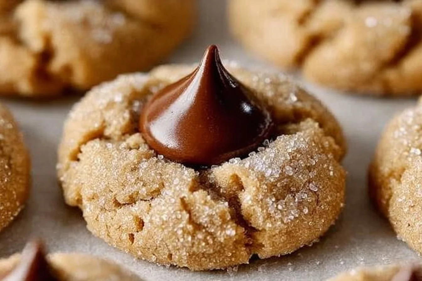 Delicious Peanut Butter Blossoms cookies with Hershey's Kisses on top.