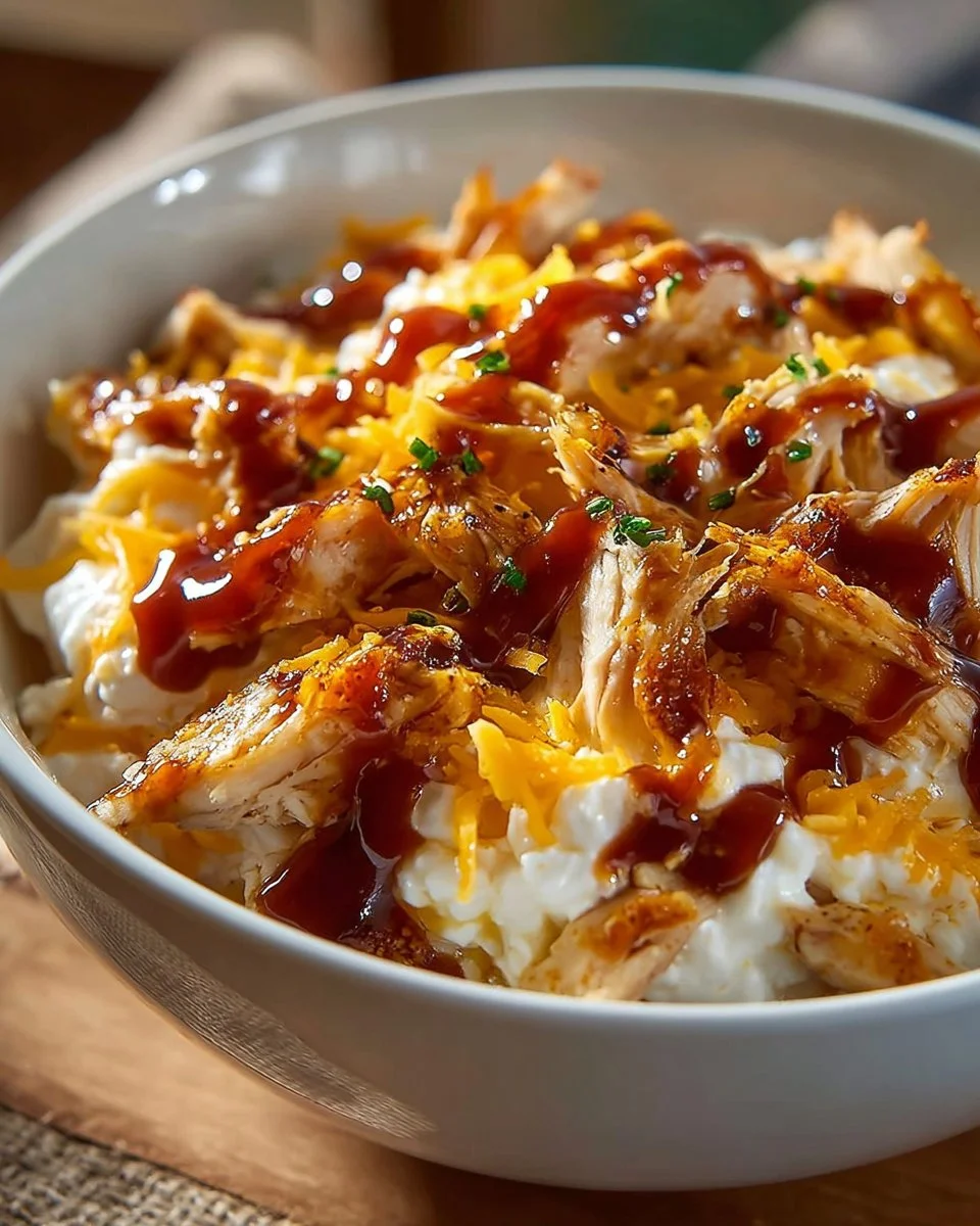 Cottage Cheese BBQ Chicken Bowl with fresh ingredients and BBQ sauce