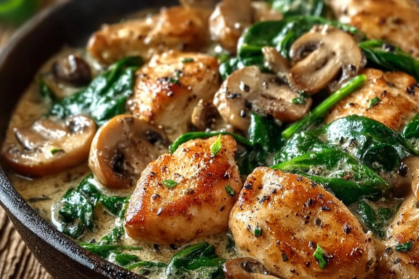 Creamy chicken mushroom spinach skillet in a pan