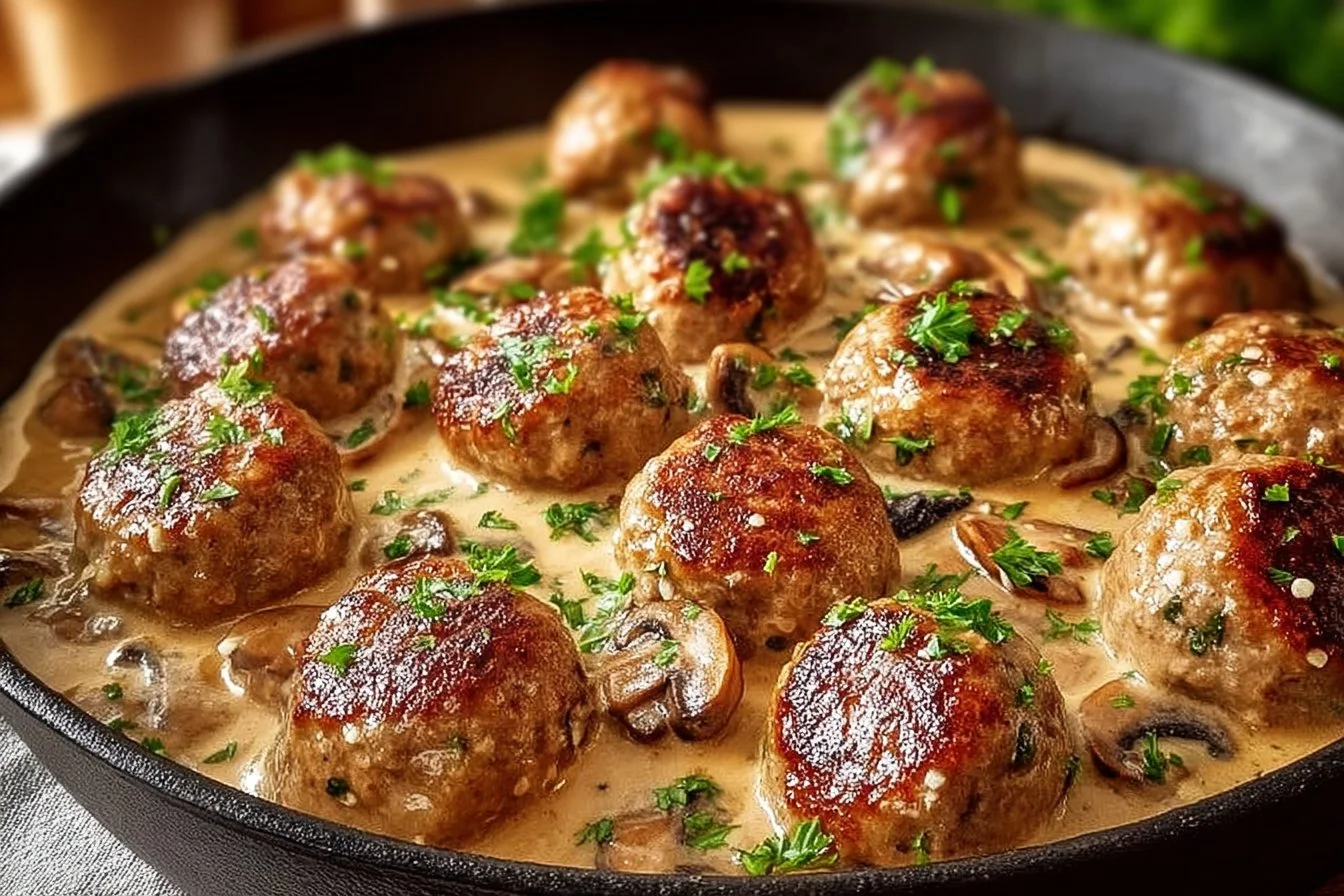 Creamy mushroom chicken meatballs served with fresh herbs
