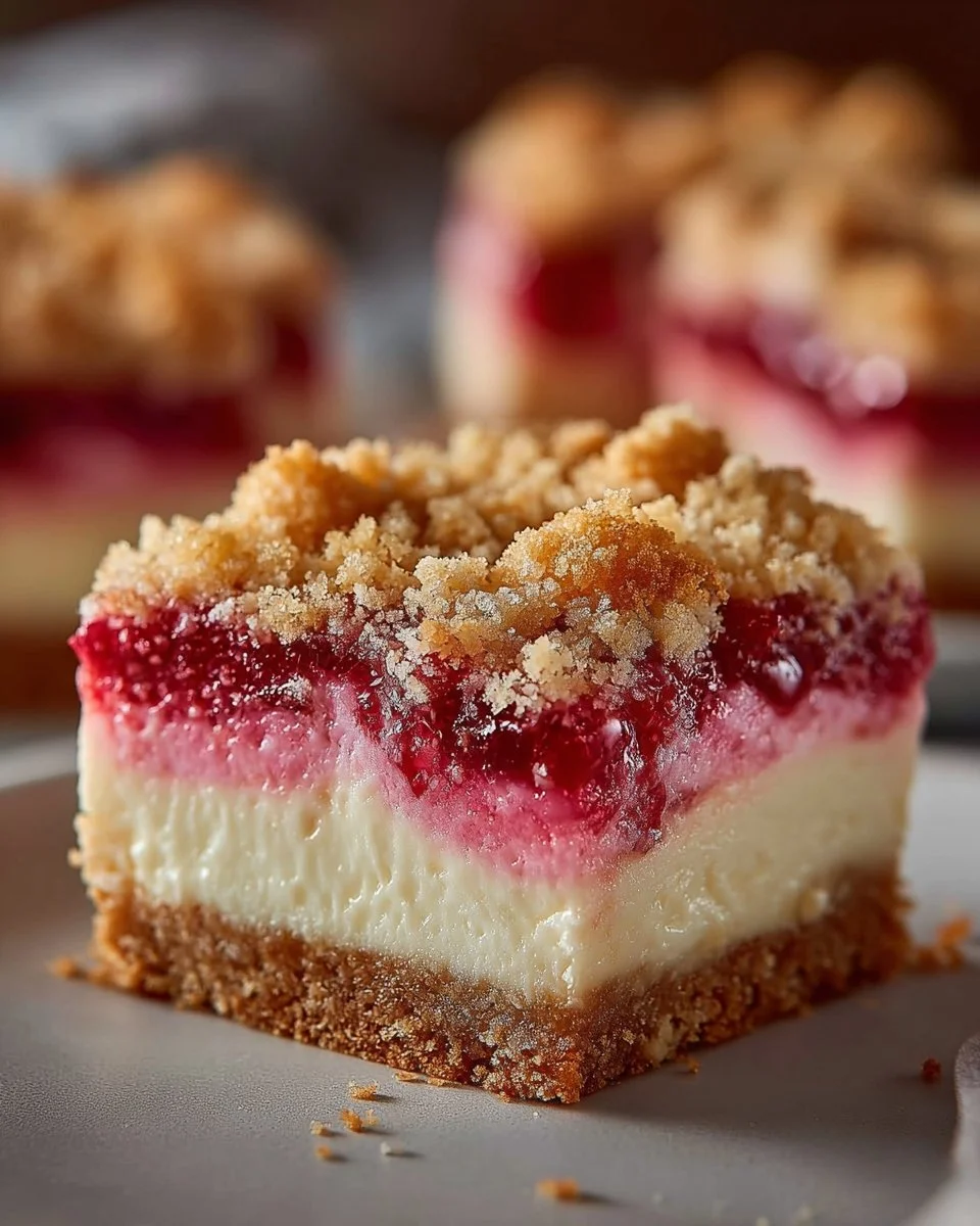 Delicious creamy rhubarb cream cheese bars served on a white plate