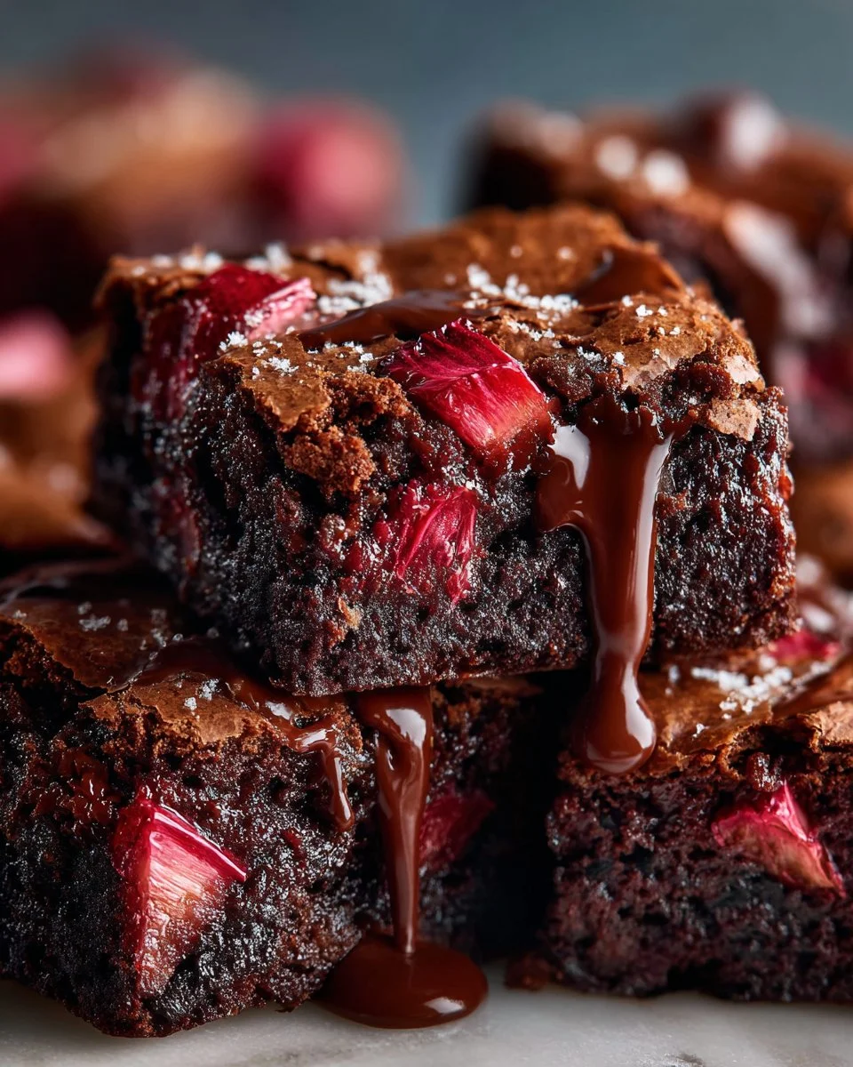 Delicious dark chocolate rhubarb brownies on a plate