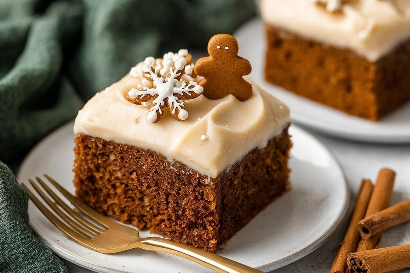 Delicious gingerbread cake with cream cheese frosting served on a plate.