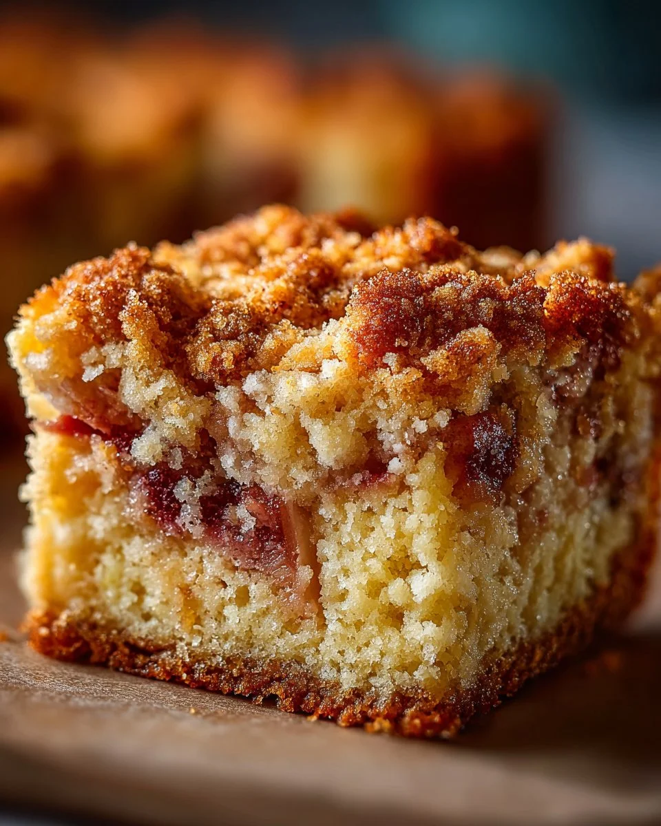 Slice of Grandma's rhubarb cake topped with fresh rhubarb and whipped cream