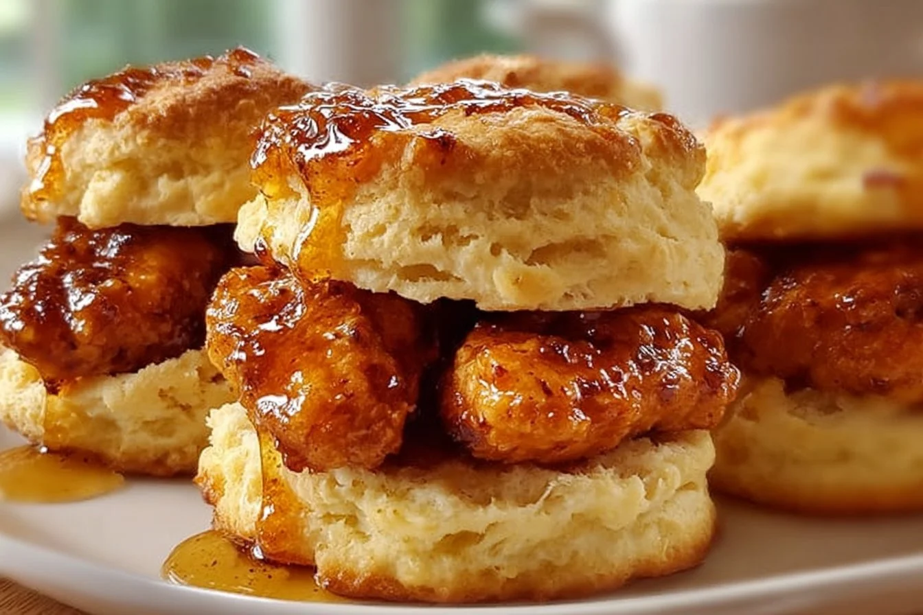 Delicious hot honey chicken biscuits served with a drizzle of honey