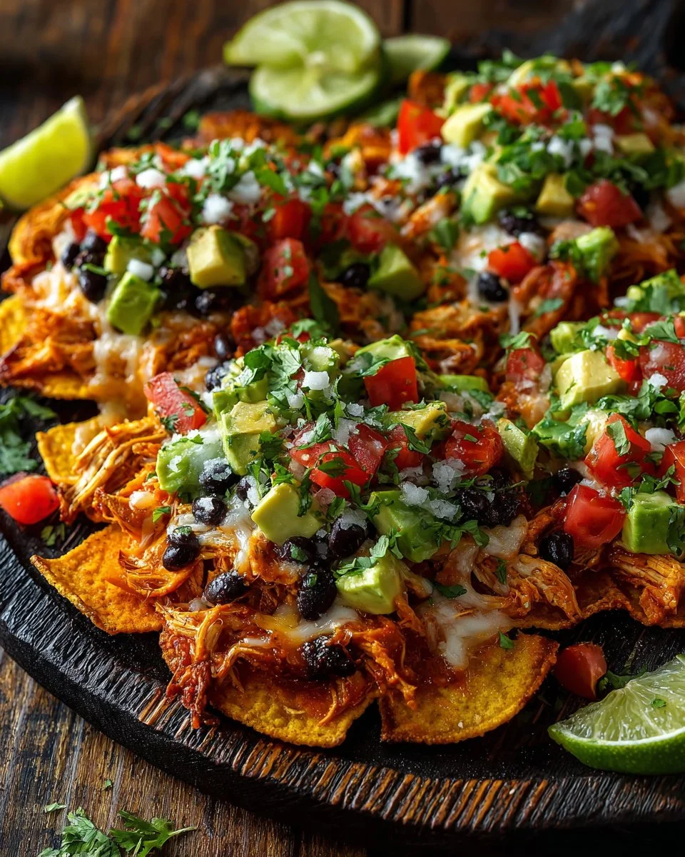 Loaded sweet potato nachos topped with fresh vegetables and cheese.