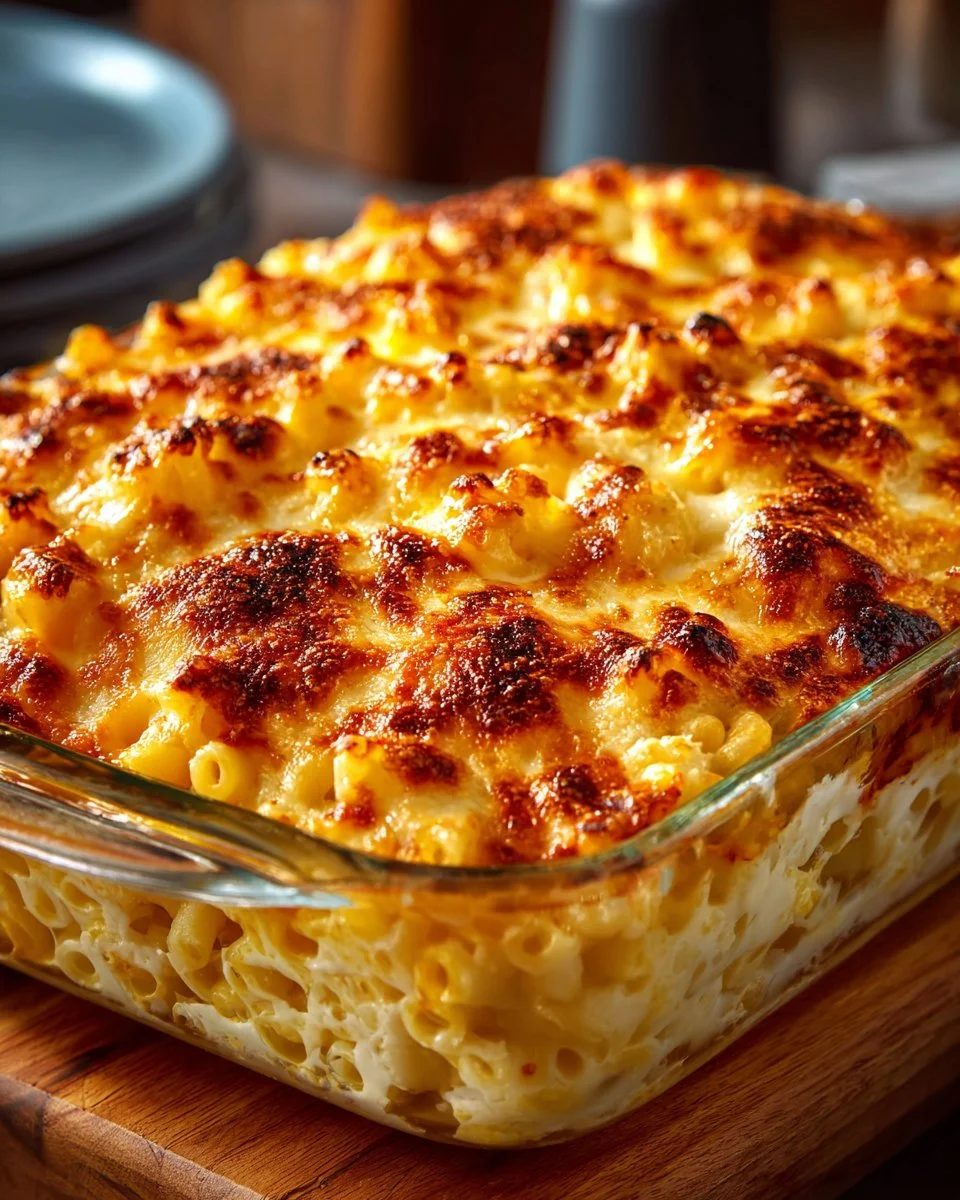 Delicious Mac and Cheese Casserole baked to golden perfection