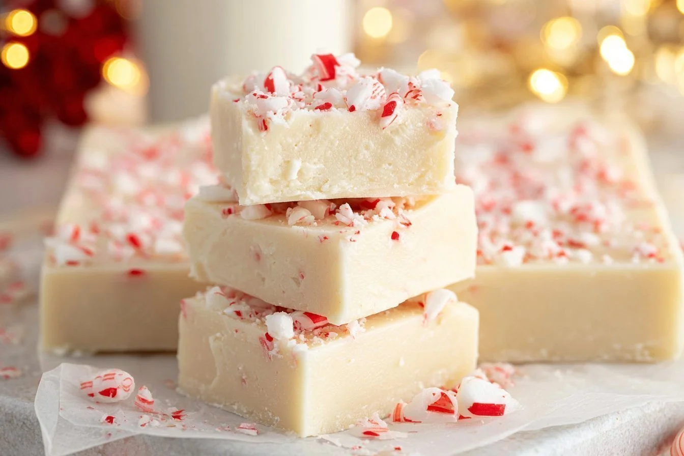 Delicious homemade peppermint fudge with festive decoration