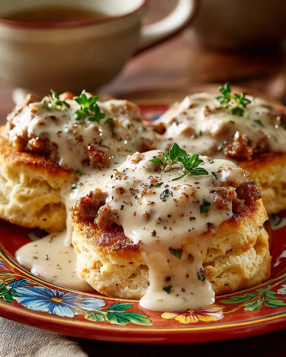 Pioneer Woman style biscuits and gravy served in a bowl with biscuits on the side.