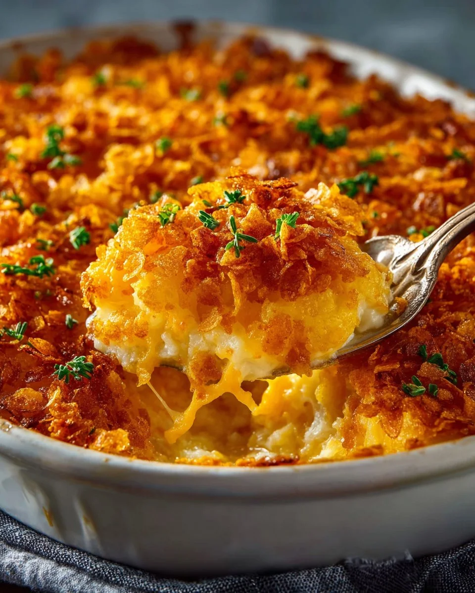 Delicious Pioneer Woman funeral potatoes served in a dish