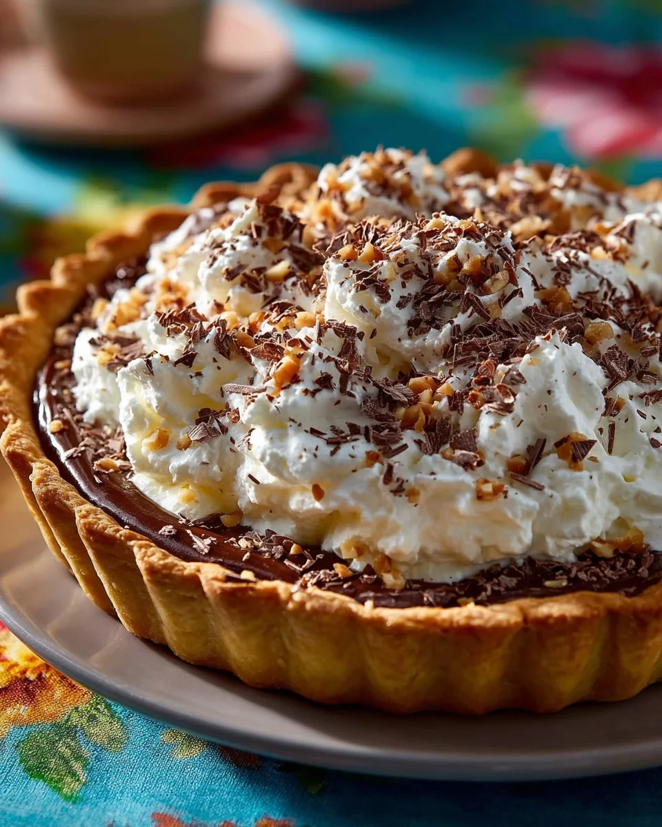 Delicious slice of Pioneer Woman German Chocolate Pie topped with coconut and pecans