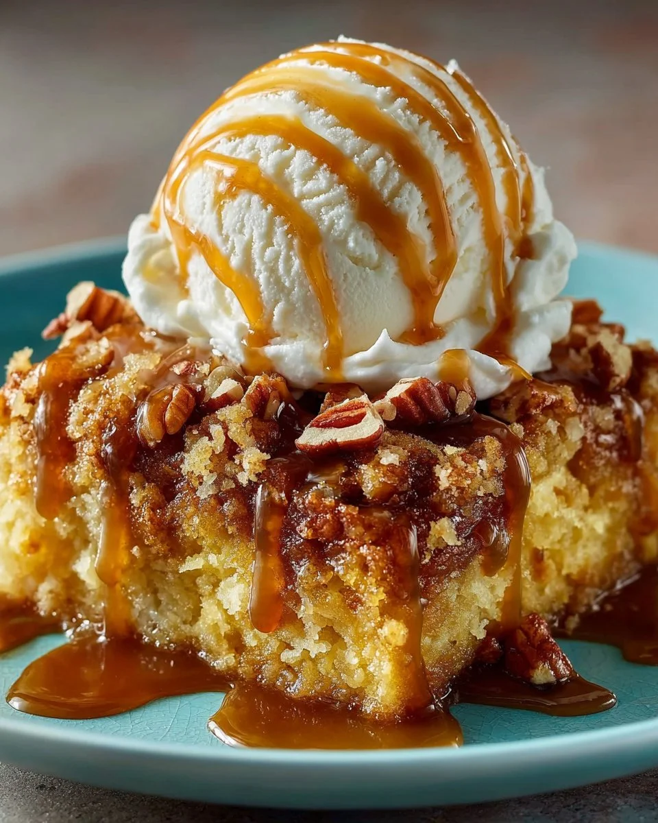 Delicious Pioneer Woman pumpkin dump cake topped with whipped cream