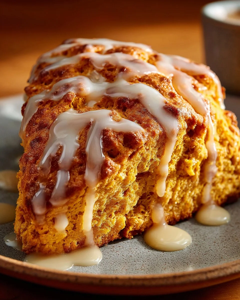 Freshly baked Pioneer Woman pumpkin scones served on a rustic plate