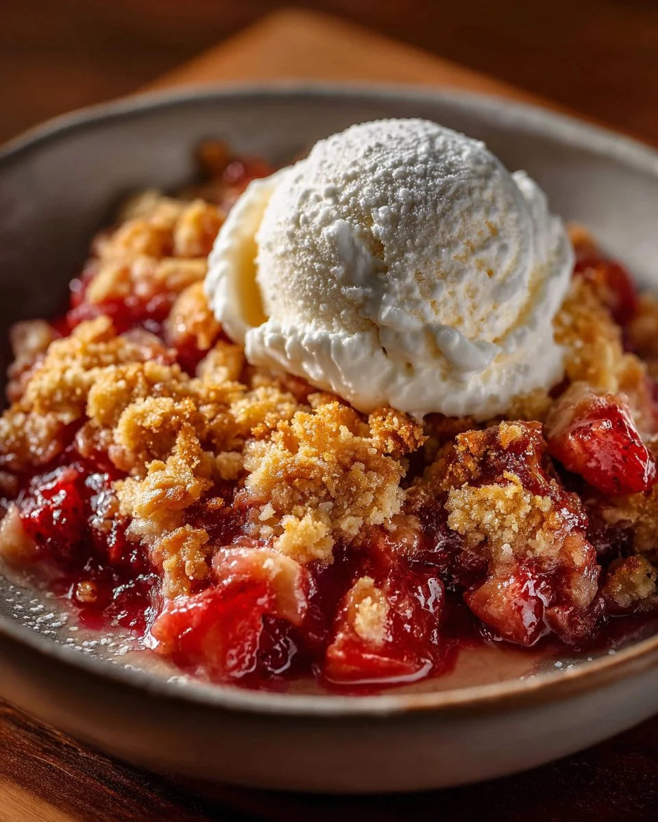 Delicious Rhubarb Crisp served in a bowl with a golden oat topping.