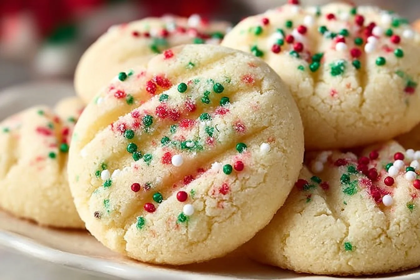 A plate of fresh, golden shortbread cookies with a buttery texture.