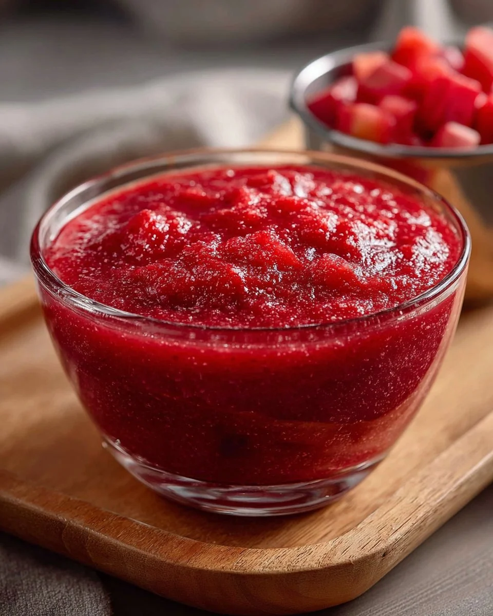 Bowl of stewed rhubarb topped with a sprinkle of cinnamon