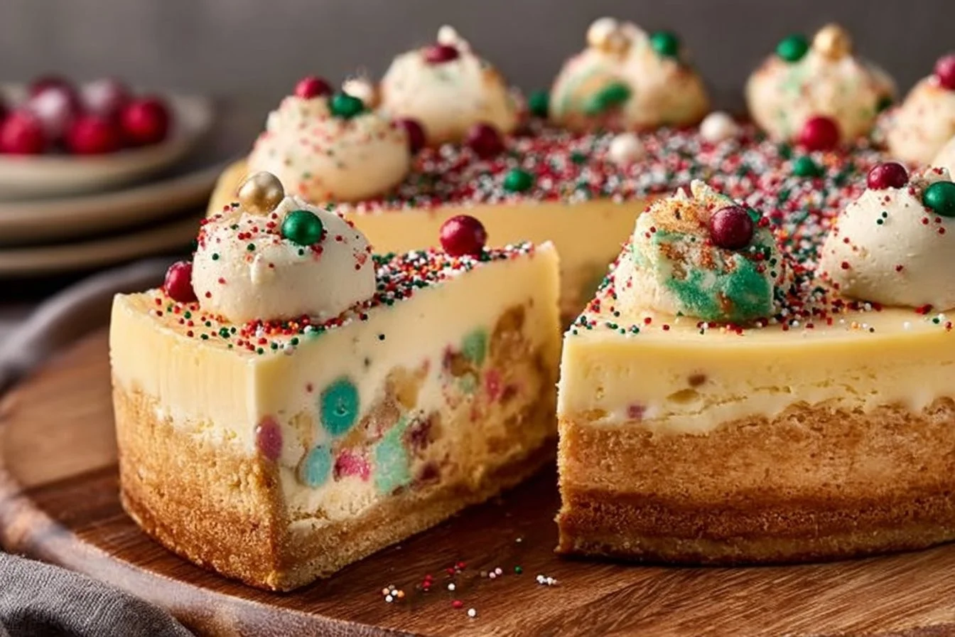 Delicious sugar cookie cheesecake topped with whipped cream and sprinkles.