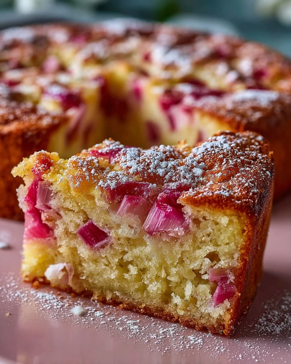 Traditional Norwegian rhubarb cake with a tender crust served on a plate
