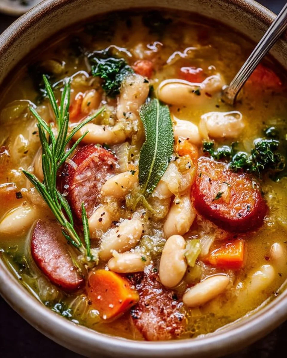 Bowl of hearty Tuscan Bean Soup garnished with fresh herbs and vegetables.
