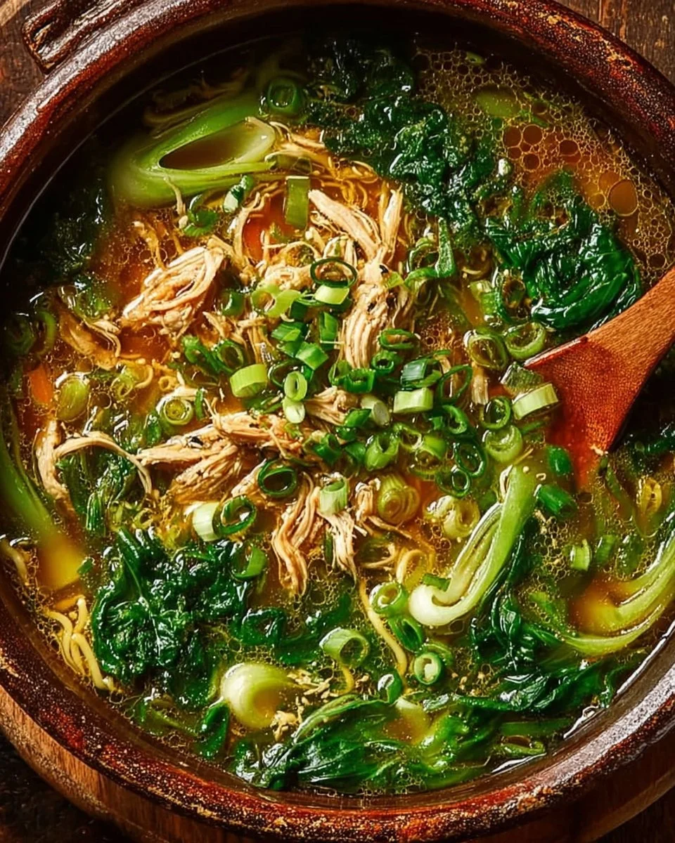 Bowl of warming ginger chicken soup with bok choy and spices
