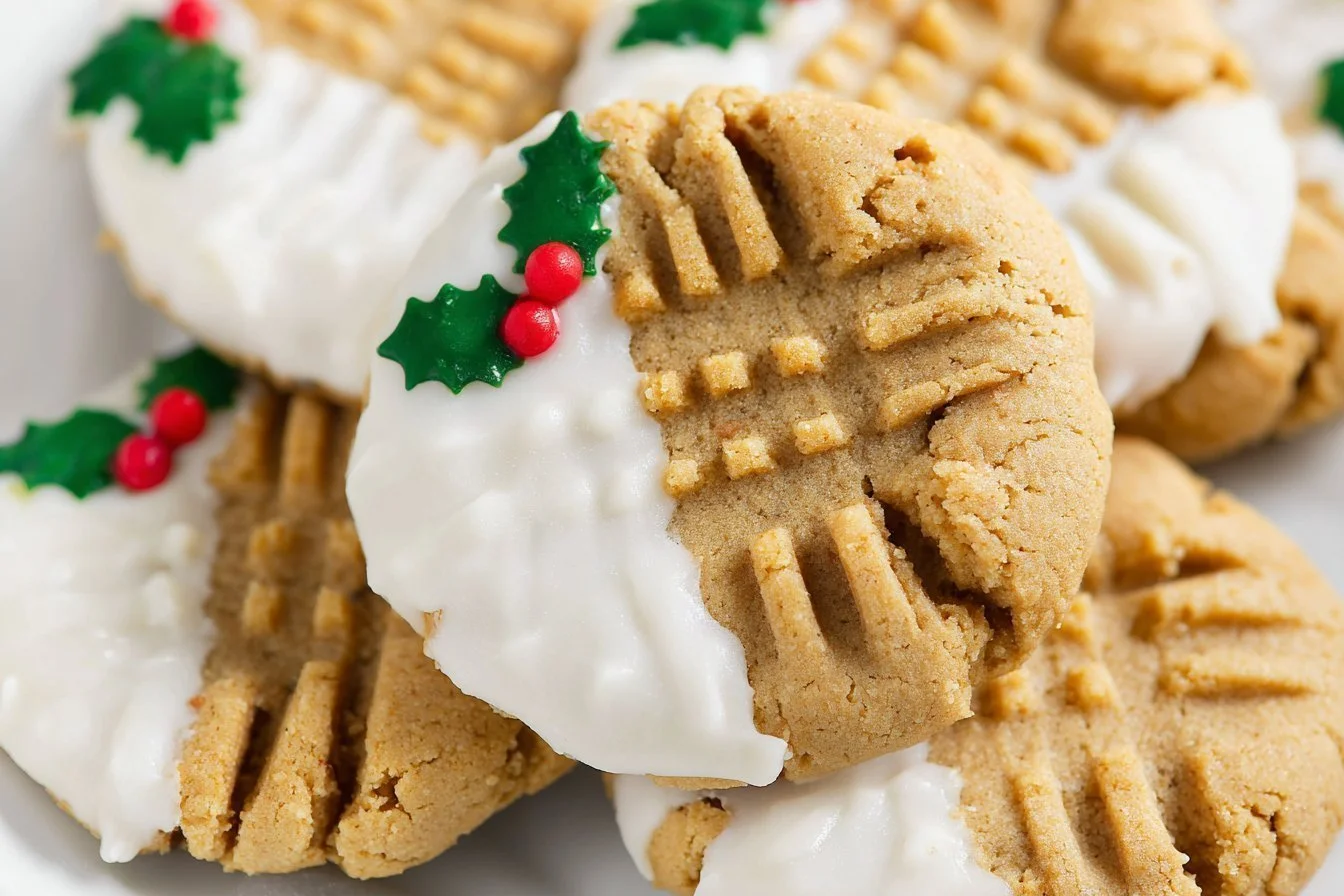 Delicious white chocolate dipped peanut butter cookies on a plate