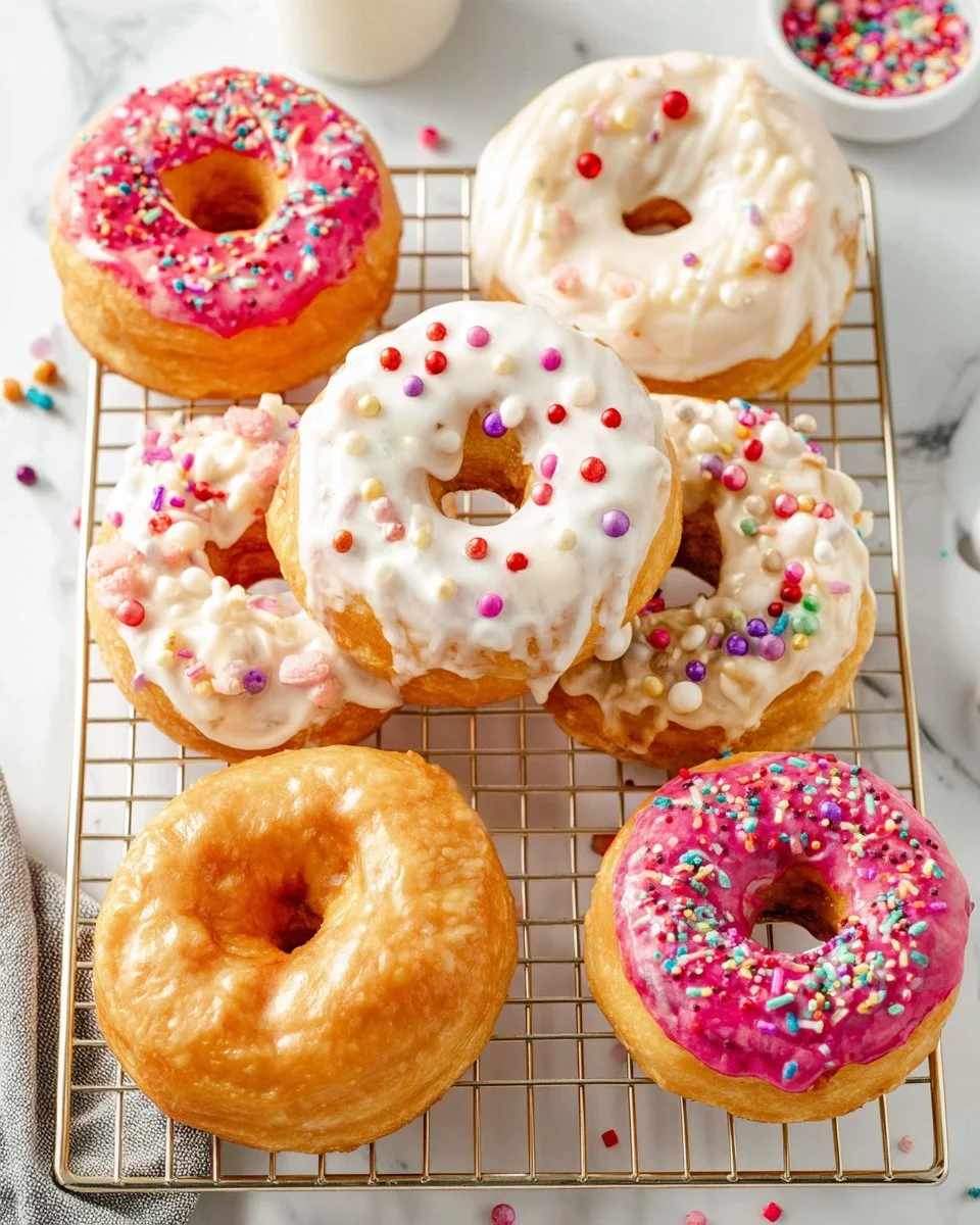 Delicious air fryer biscuit donuts topped with glaze and sprinkles