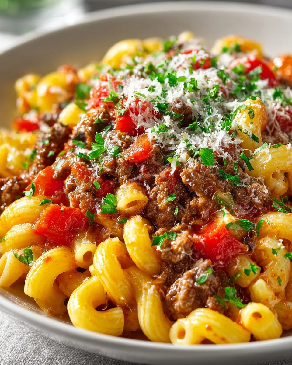 Delicious bowl of American Goulash with pasta, meat, and sauce