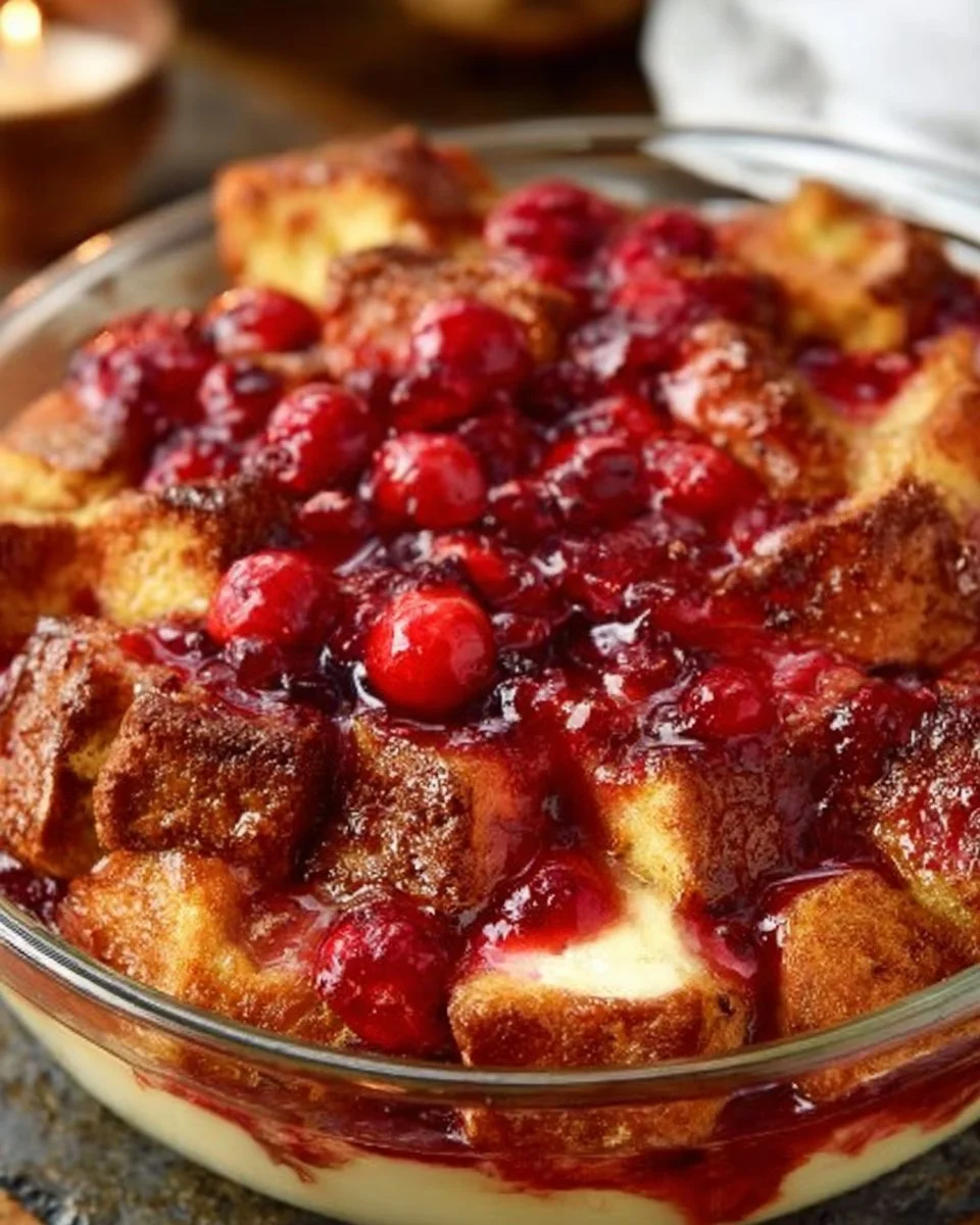 Delicious Baked Cherry Cheesecake French Toast served with cherry topping