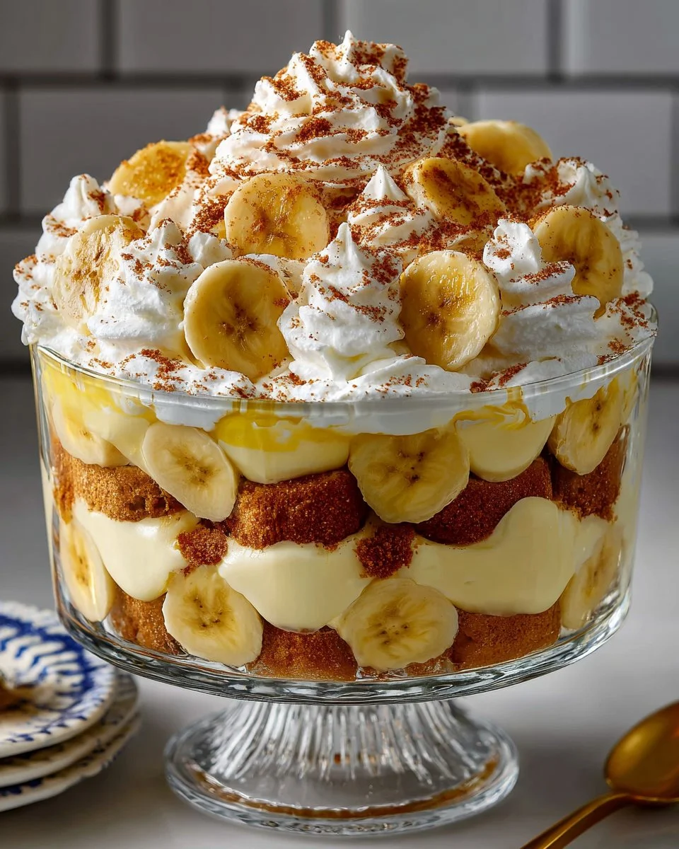 Delicious homemade banana pudding in a glass bowl, topped with whipped cream and sliced bananas.
