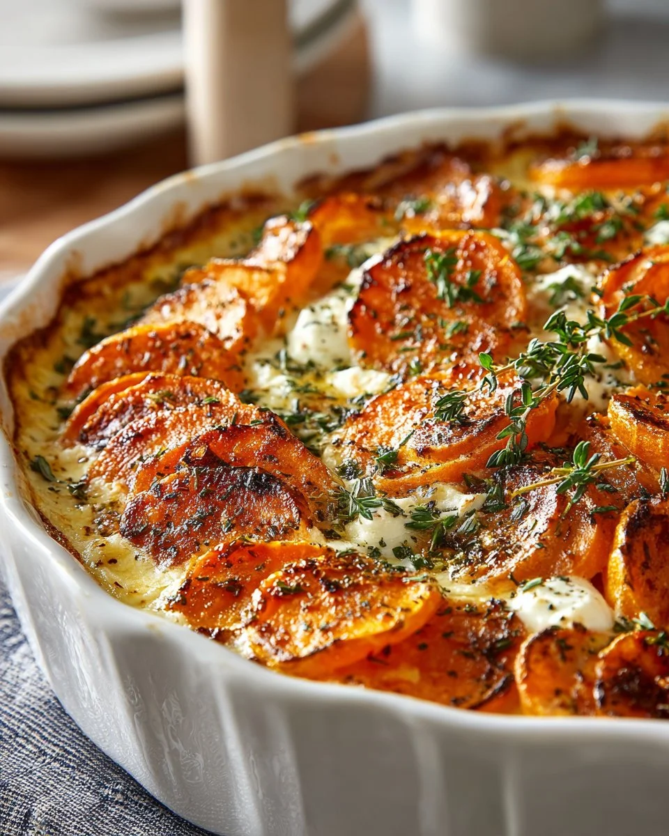 Deliciously baked scalloped sweet potatoes topped with creamy sauce