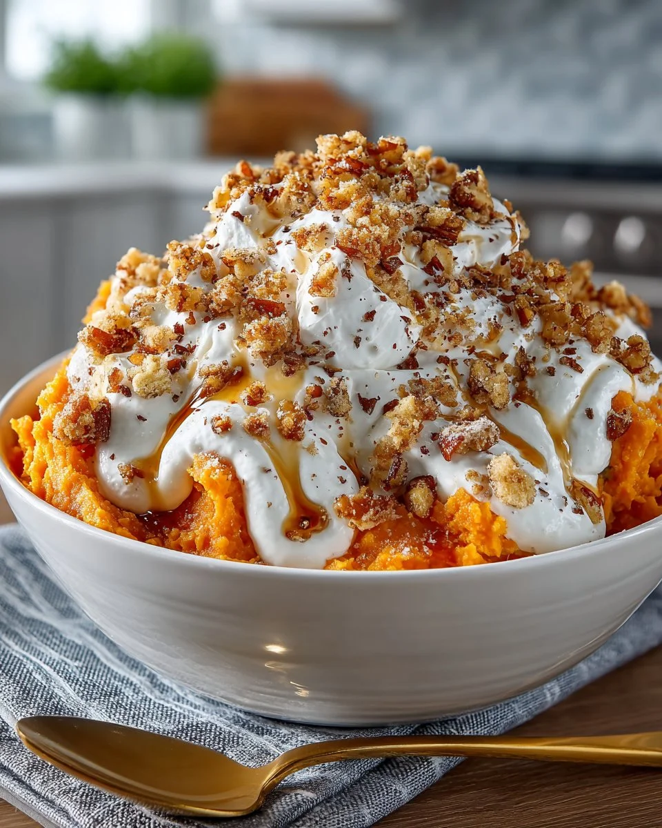 Delicious sweet potato casserole topped with marshmallows and pecans
