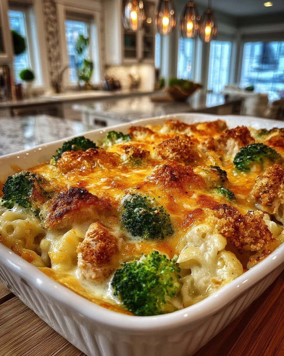 Broccoli, rice, cheese, and chicken casserole served in a baking dish