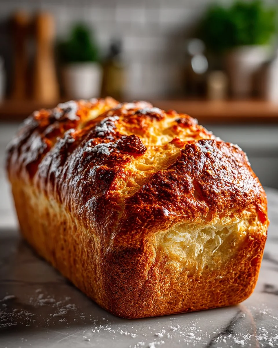 Buttery no-knead beer bread fresh out of the oven, golden and fluffy