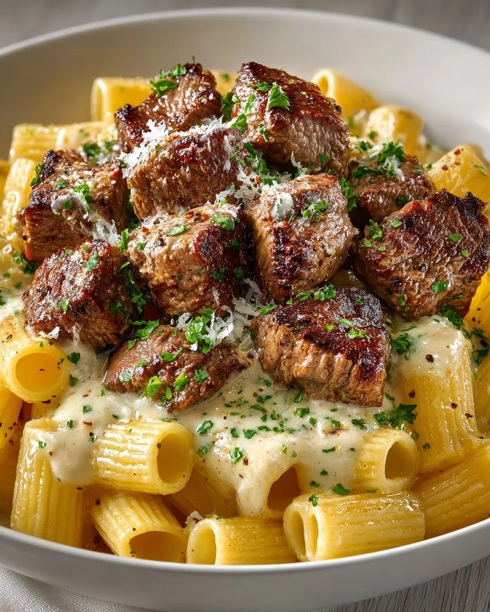 Cajun Steak Tips with Creamy Rigatoni Parmesan