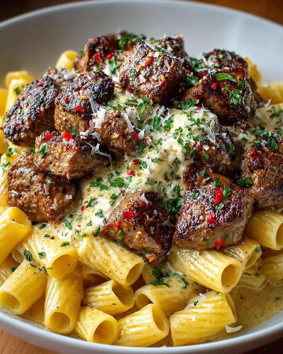 Cajun Steak Tips with Creamy Rigatoni Parmesan