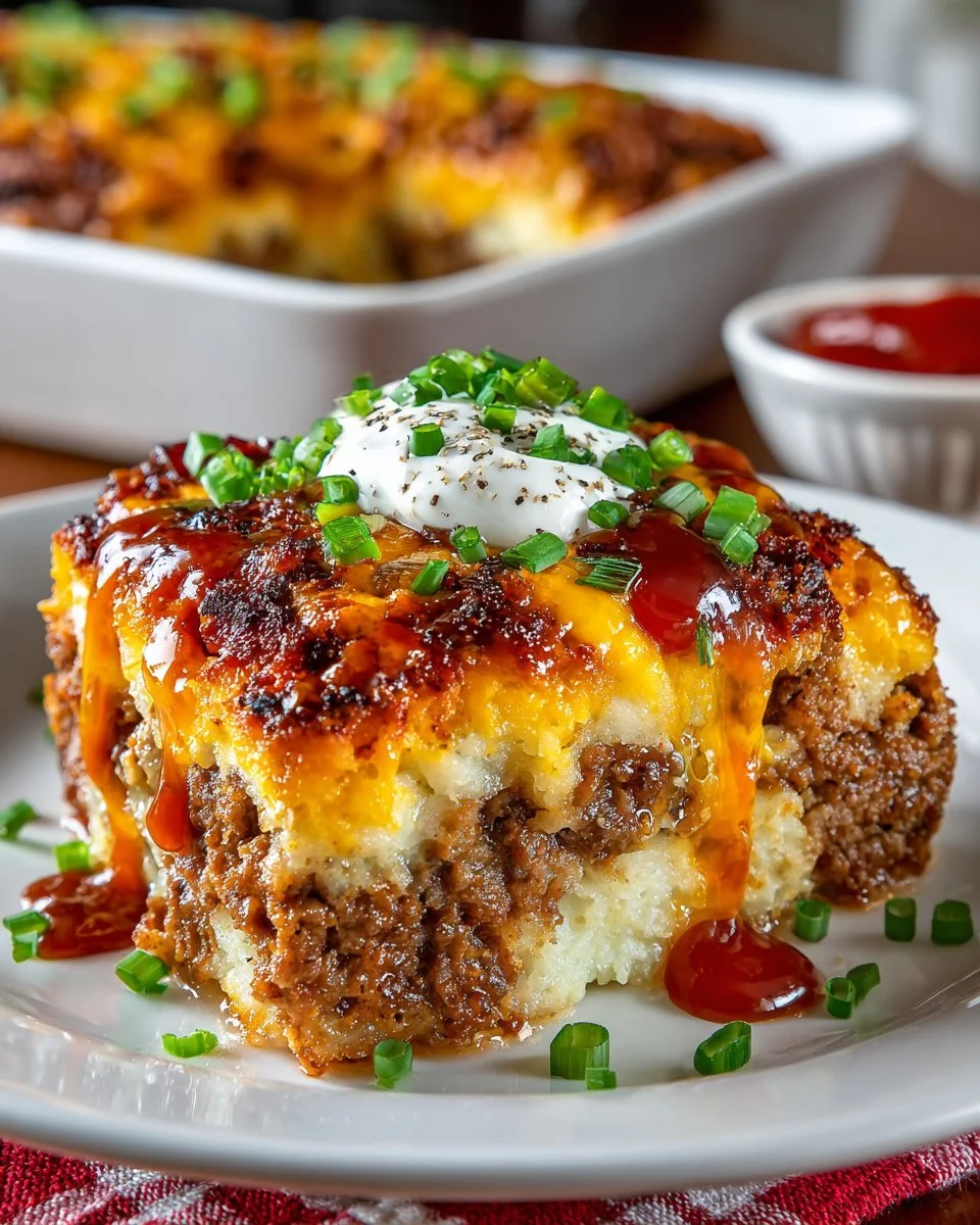 Cheesy loaded meatloaf casserole topped with melted cheese and fresh herbs