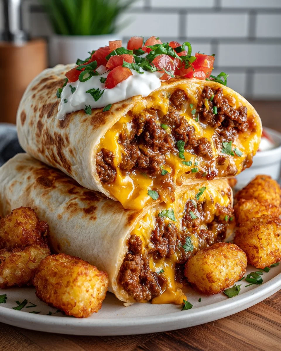 Cheesy potato burritos served on a plate, garnished with fresh herbs.