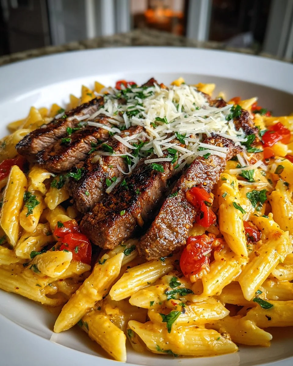 Cheesy Spicy Cajun Steak and Pasta Skillet in a cast iron pan