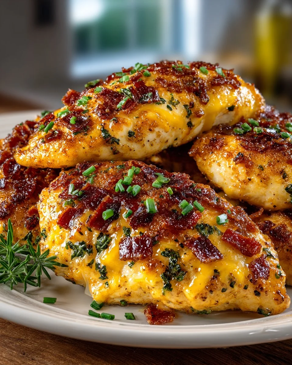 Delicious Cowboy BBQ Bacon Cheddar Chicken topped with cheese and bacon